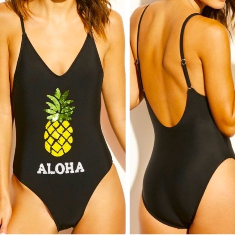 One Piece High Cut Swimsuit Sequined Pineapple ALOHA Juniors Large